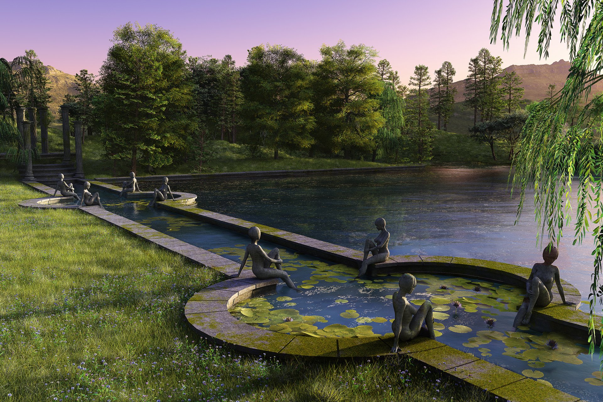 render parque estanque estatua lago árboles puesta de sol