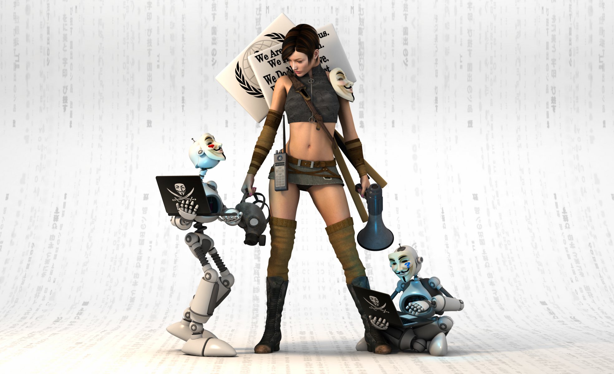 rendering girl view robots masks vendetta