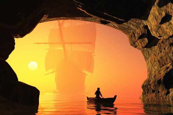 A sail floats through the cave behind a small ship