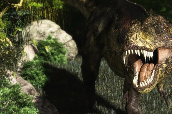 Dinosaur render with open mouth and fangs