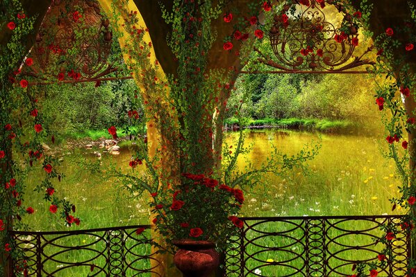 View of the park from the gazebo with arches