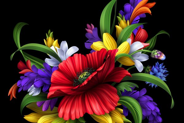 Bright flowers on a black background