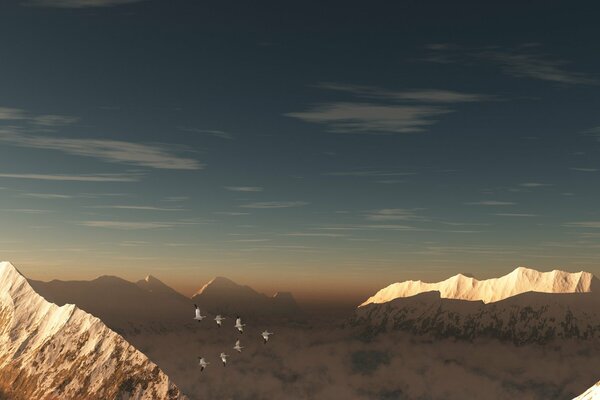 Paix parmi les montagnes, le ciel, les oiseaux et les nuages