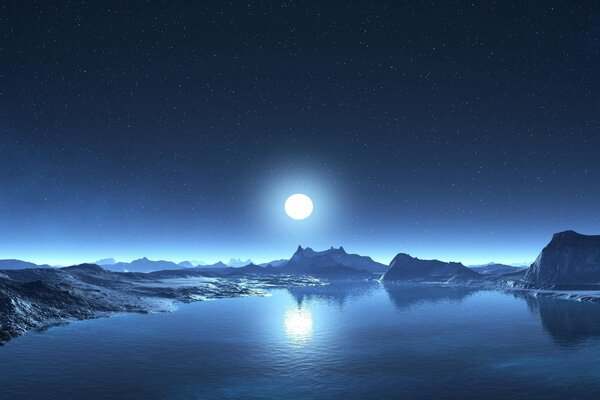 La lune sur un fond de montagnes et de l eau