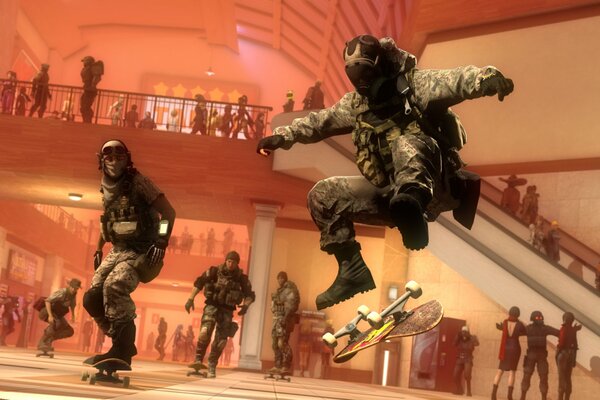 Soldiers on a skateboard do tricks