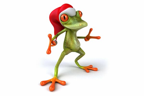 Frosch zeigt zwei Finger mit seinen Pfoten in einer Weihnachtsmütze