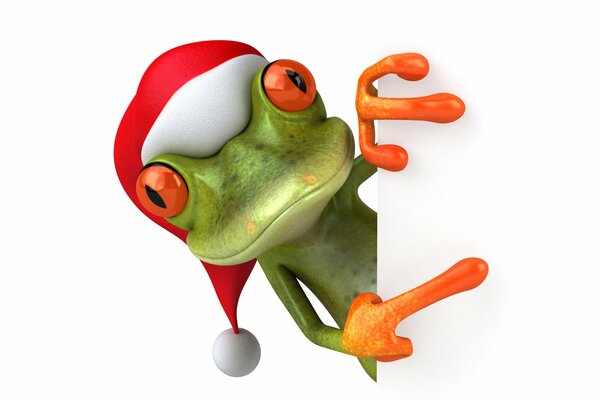 Ein Frosch lächelt um die Ecke in einer Weihnachtsmütze