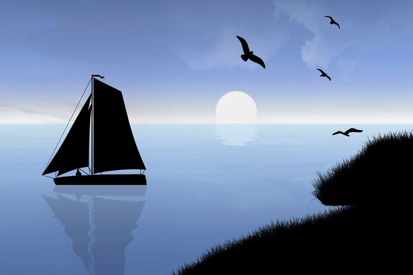 Sailing boat and birds on sunset background