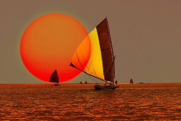 Insolito tramonto rosso in riva al mare e vela