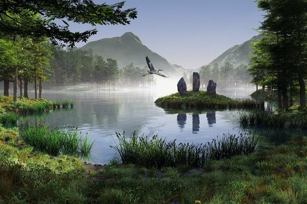 A crane flies over a lake with three stones