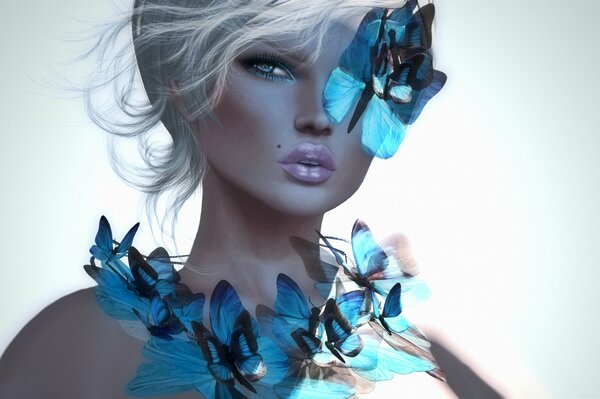 Blonde with lots of blue butterflies