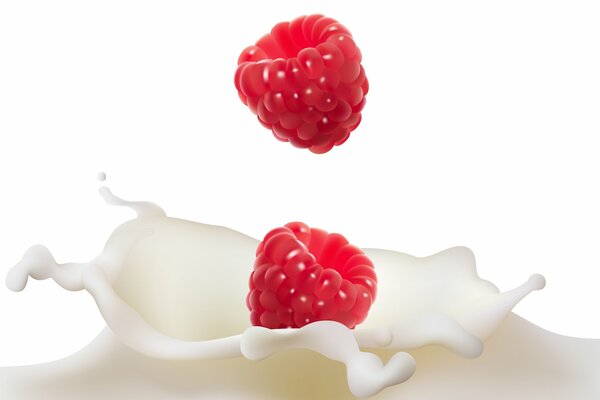 Zwei Himbeerbeeren fallen in die Milch