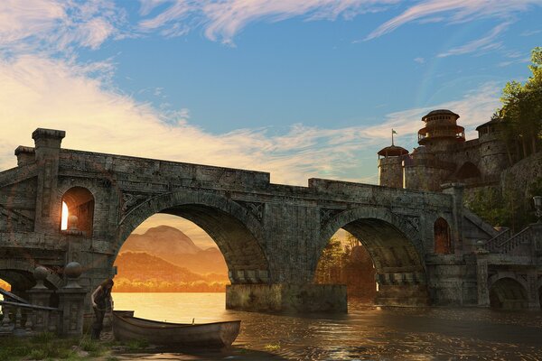 Medieval bridge on the background of sunset and river