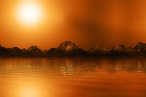 On the background of the water surface of the mountains and the sun