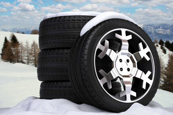 Car winter tires on snow