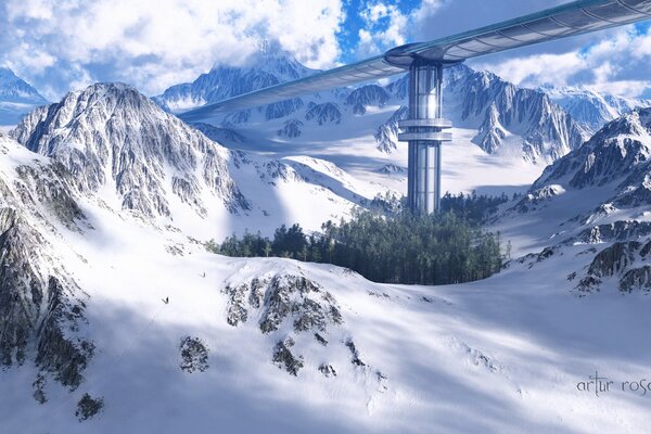 Montañas cerca del puente en un día de nieve