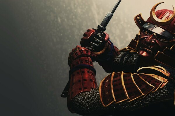 A formidable samurai in armor is ready to strike the enemy