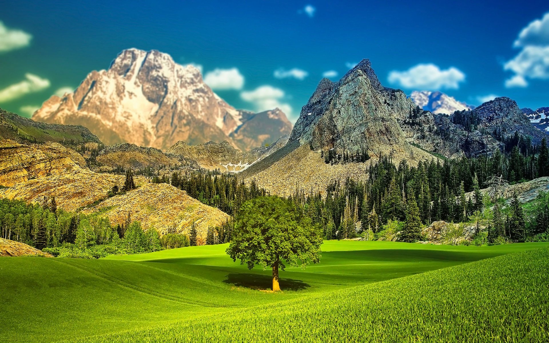 landschaft himmel berge tal bäume gras