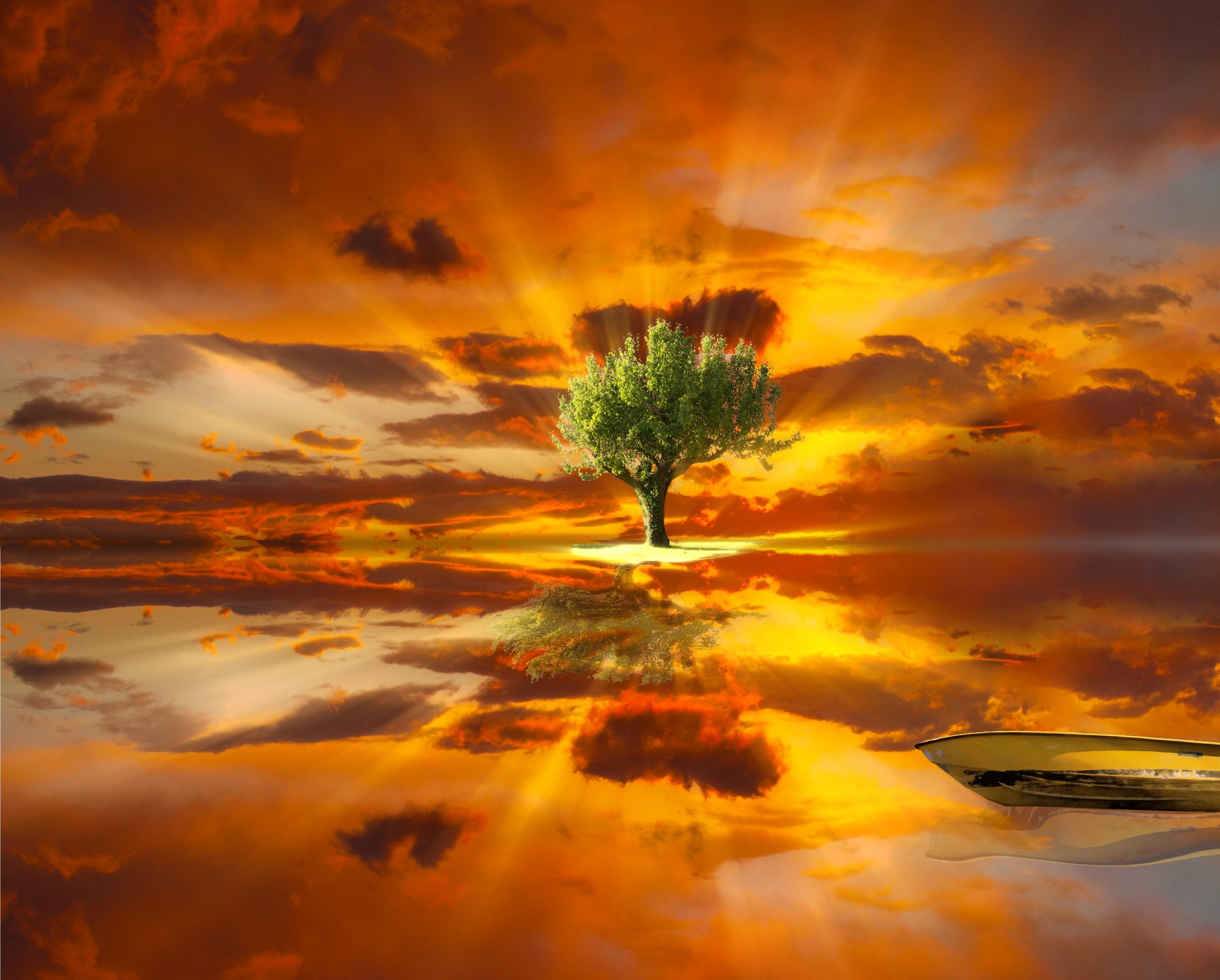 landscape sky clouds water reflection tree boat