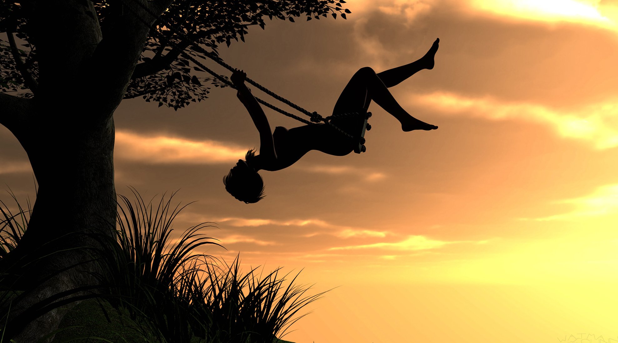 rendering girl sunset sky tree swing