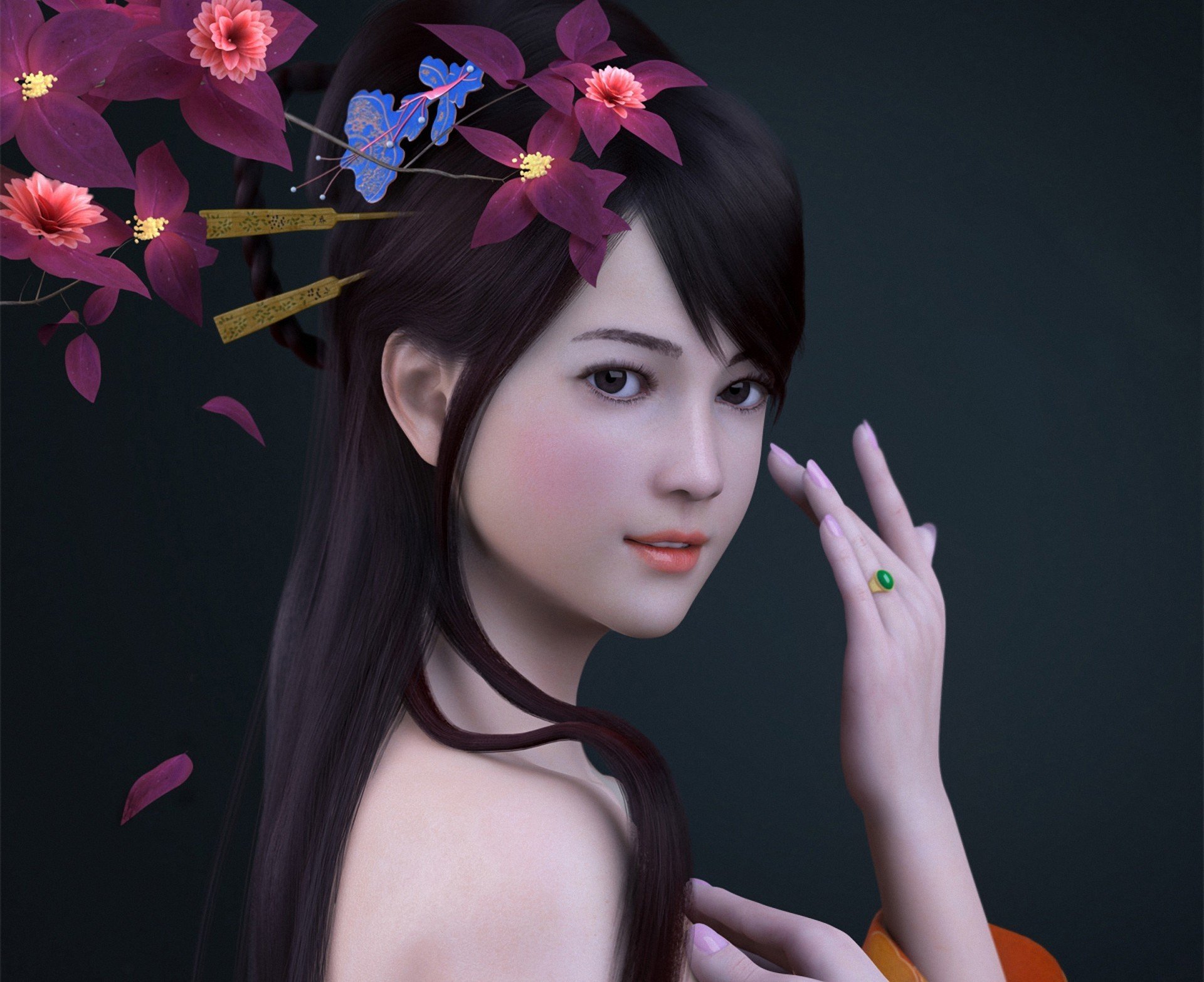 render zhang qiang mädchen asiatisch hand blumen ring