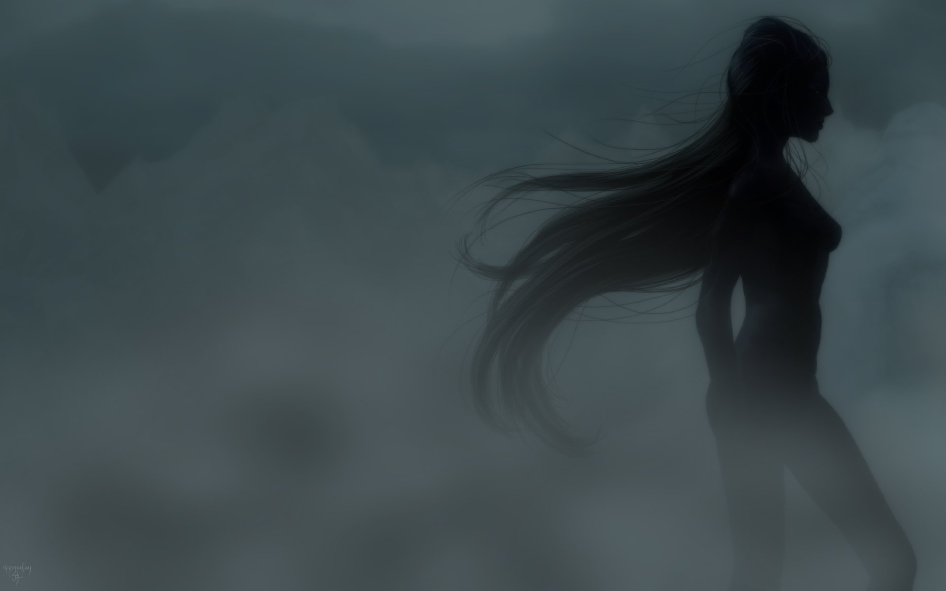 rendering girl silhouette long hair section is fog