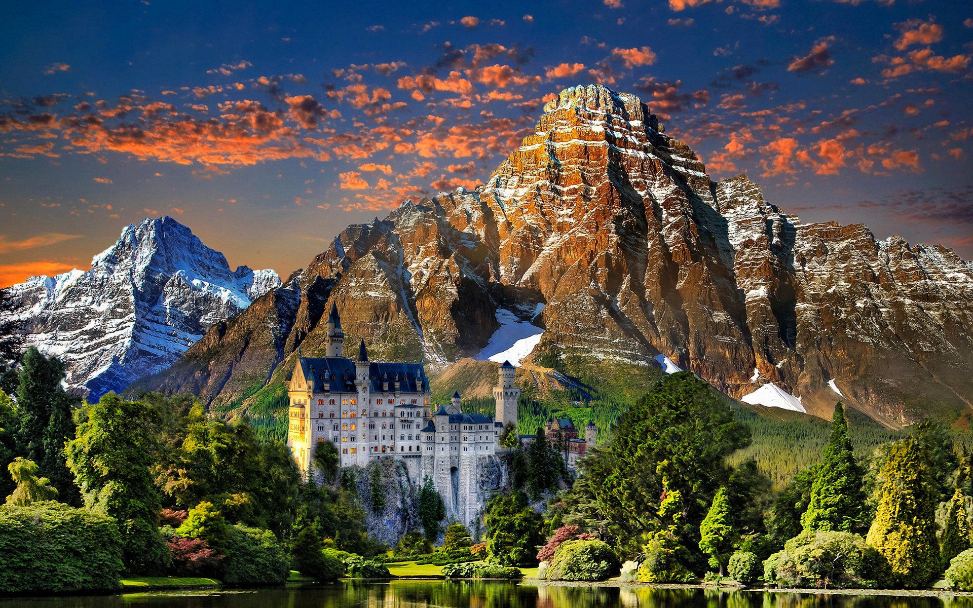 landschaft himmel wolken sonnenuntergang berge bäume see schloss neuschwanstein