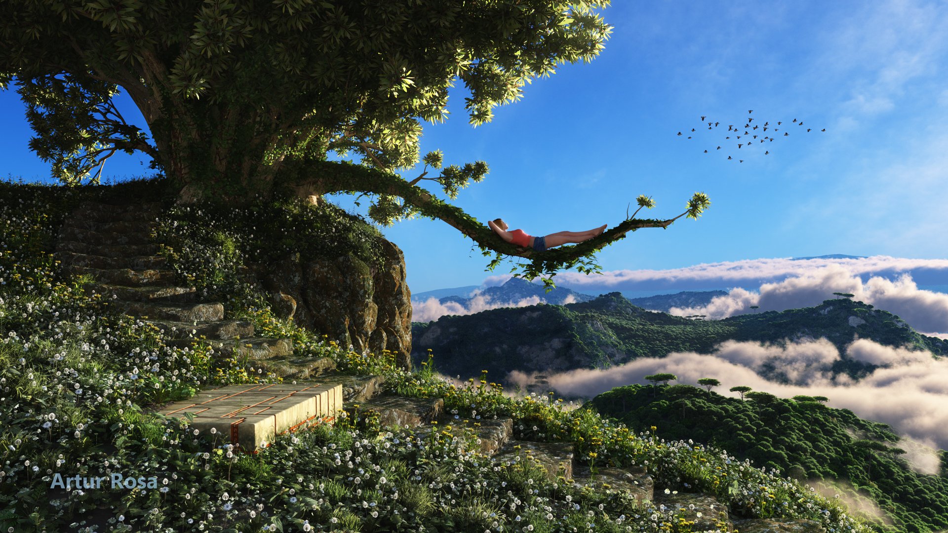 render árbol chica rama vista montañas nubes pájaros escalones