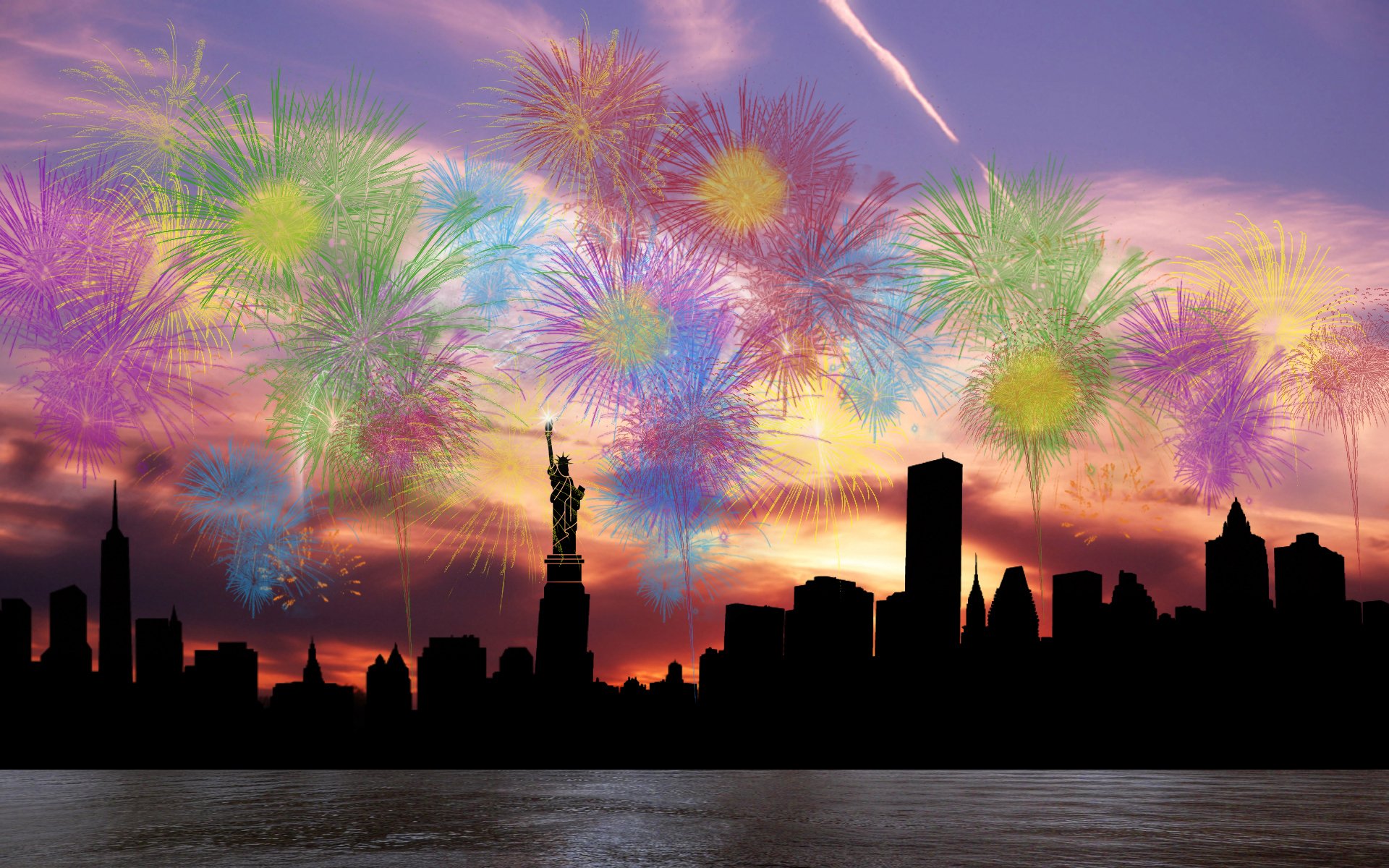 cielo nubes saludo fuegos artificiales ciudad nueva york estatua de la libertad silueta