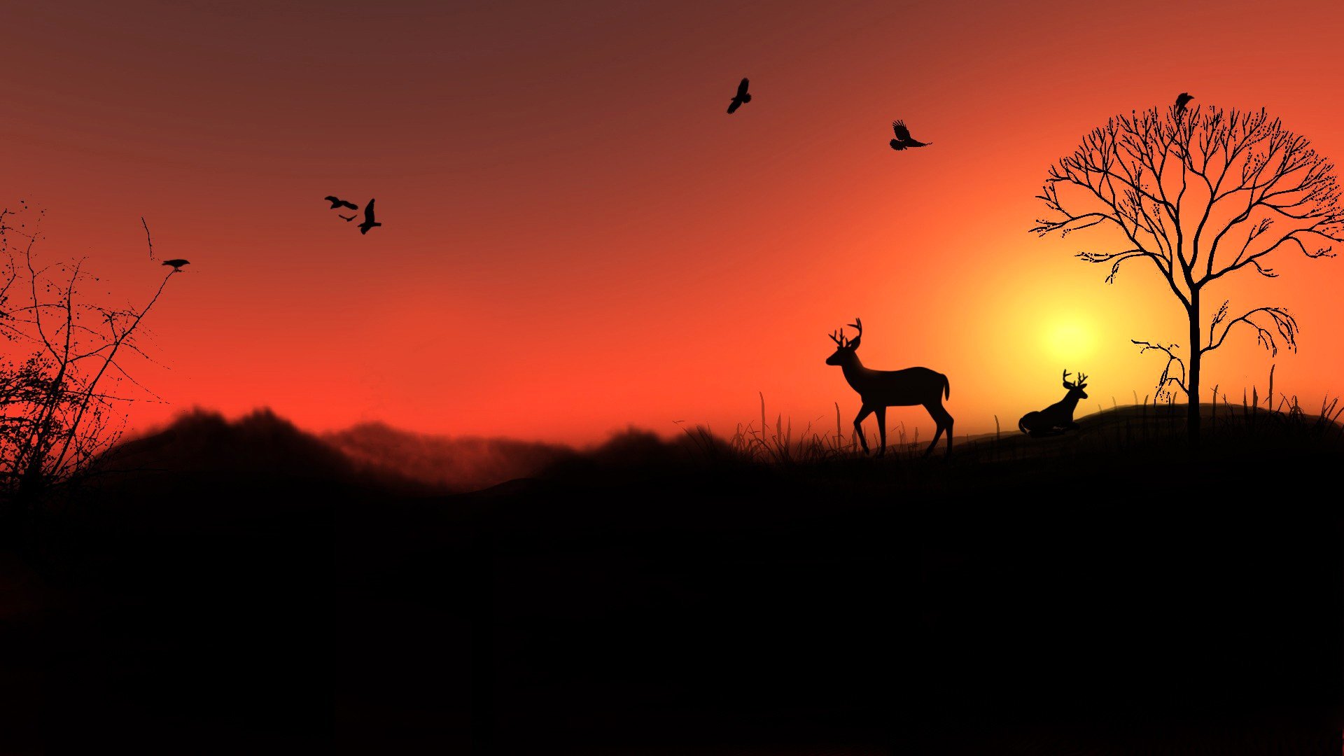 paesaggio cielo uccelli cervi albero colline sole tramonto silhouette