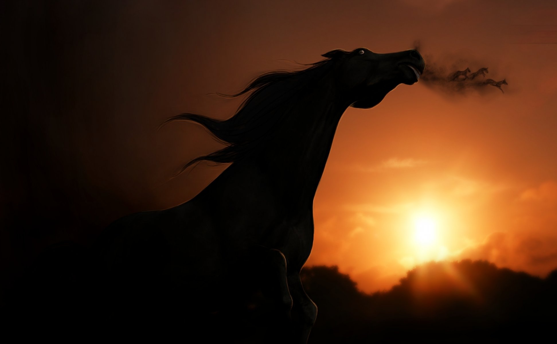 rendering horse shadow view sunset sky