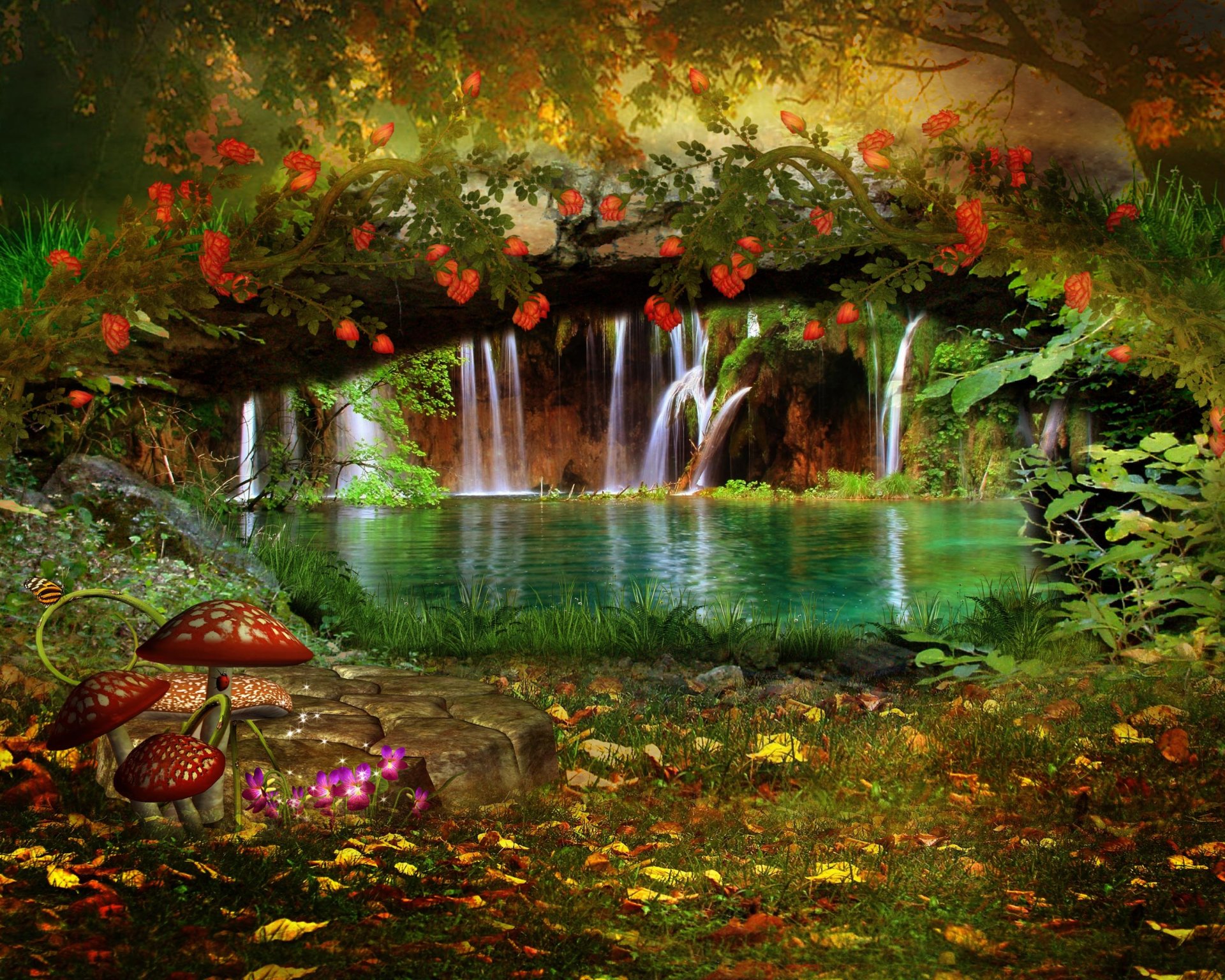 paysage nature cascade des fleurs des lianes des champignons des papillons des arbres des feuilles