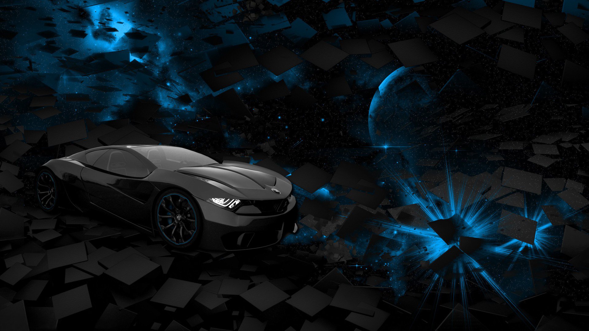 car space planet blue black square rendering background