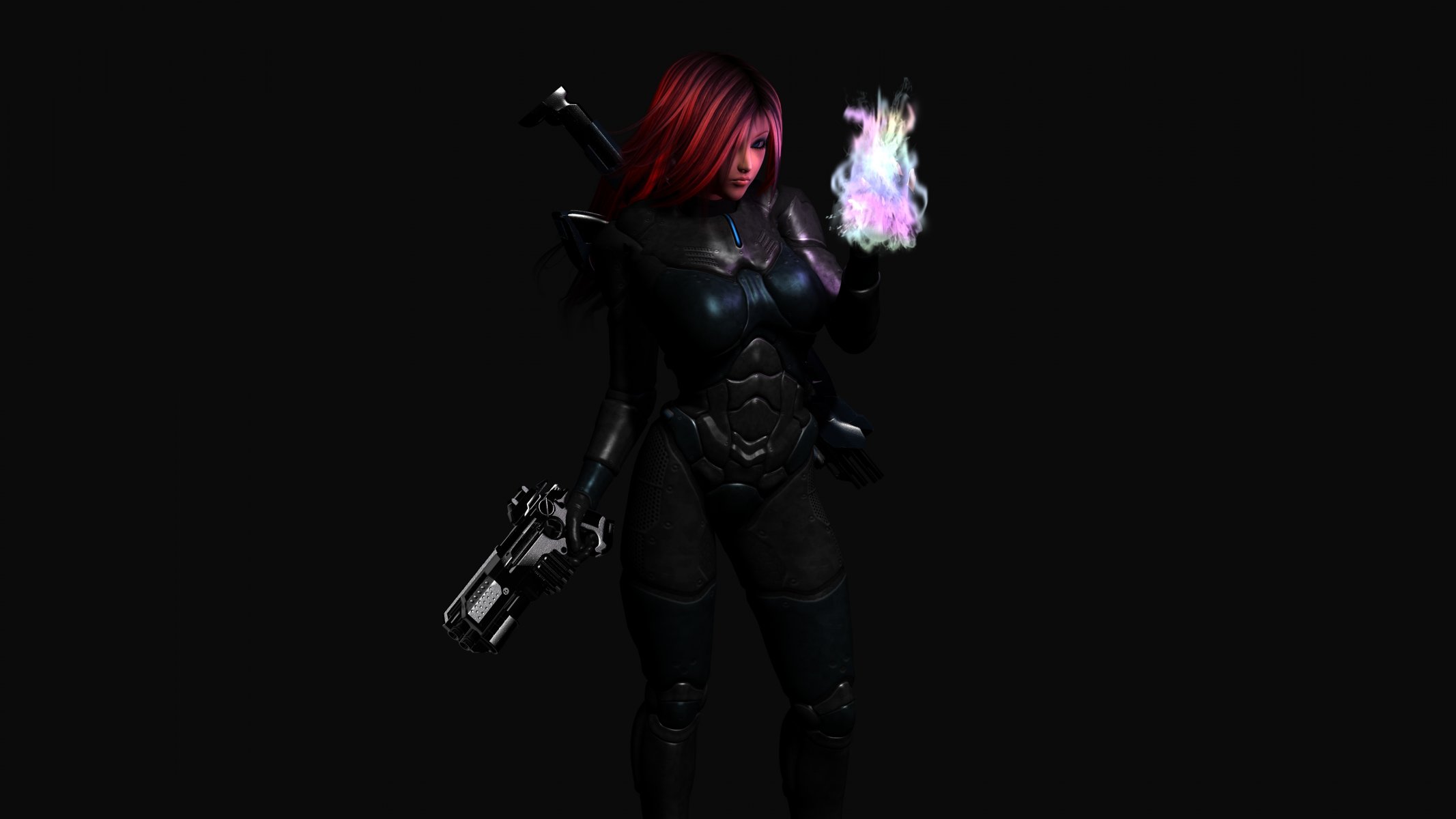 girl suit weapon magic dark background