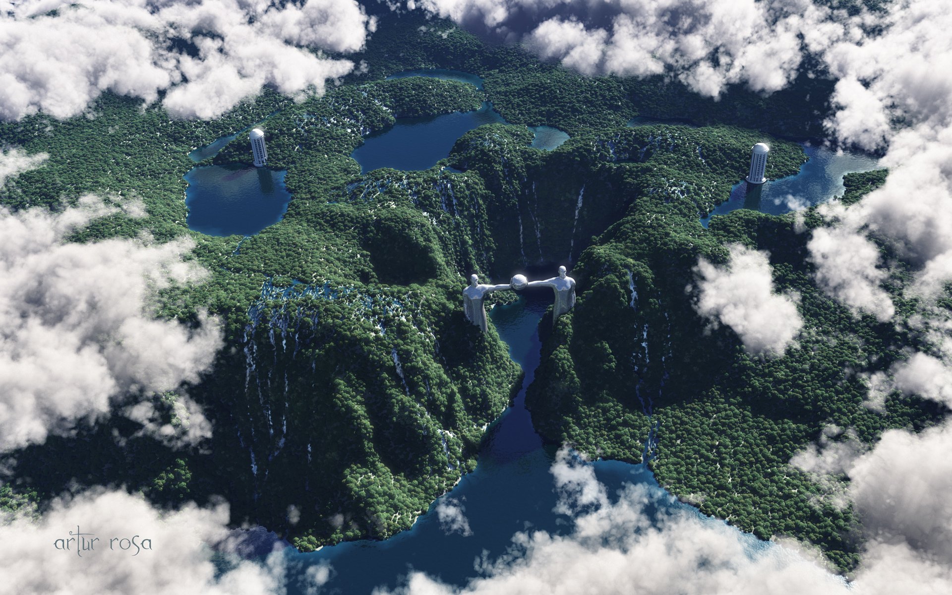 render views clouds height hills tower statue ball river waterfall