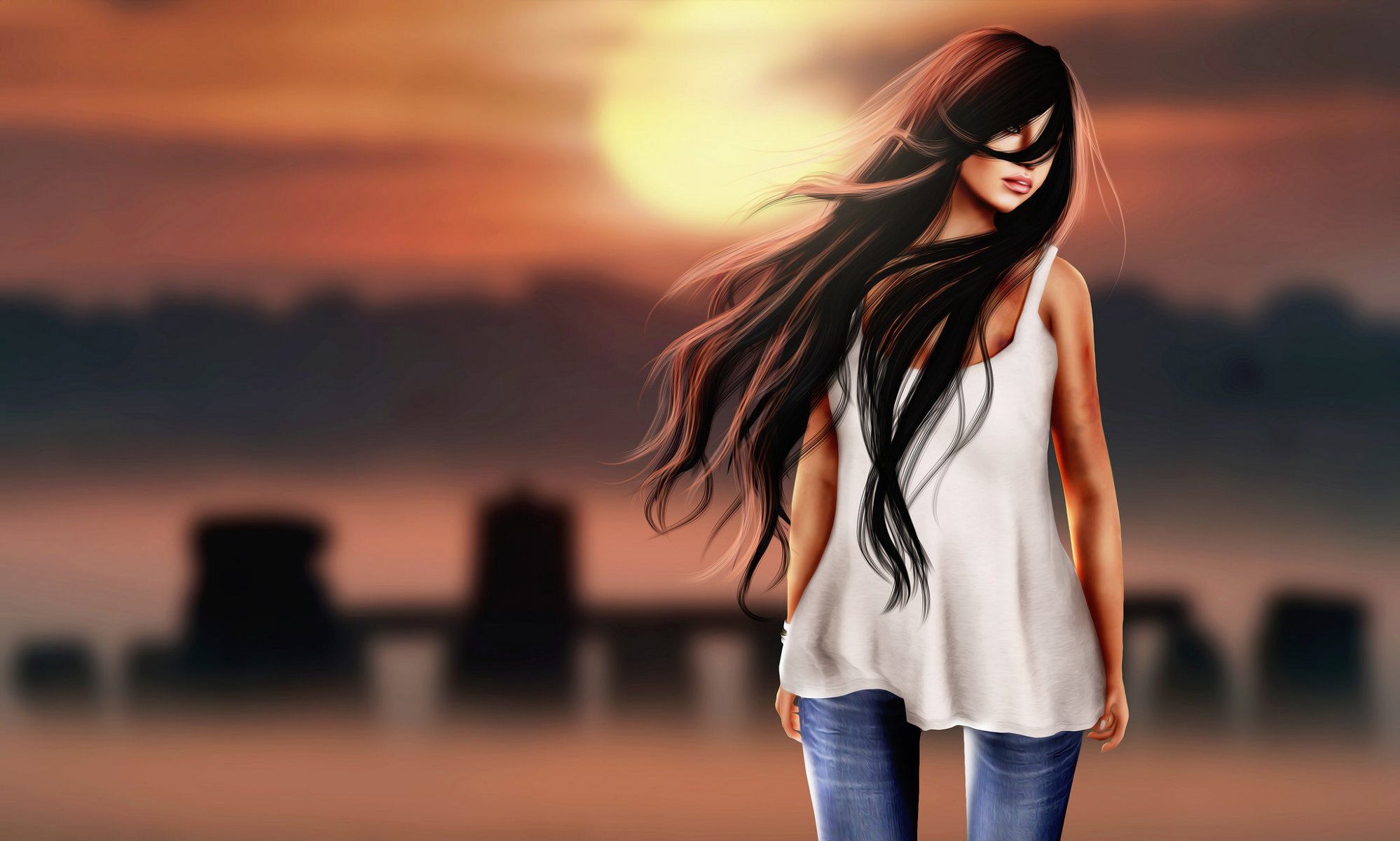 girl brunette face hair lips wind rendering background