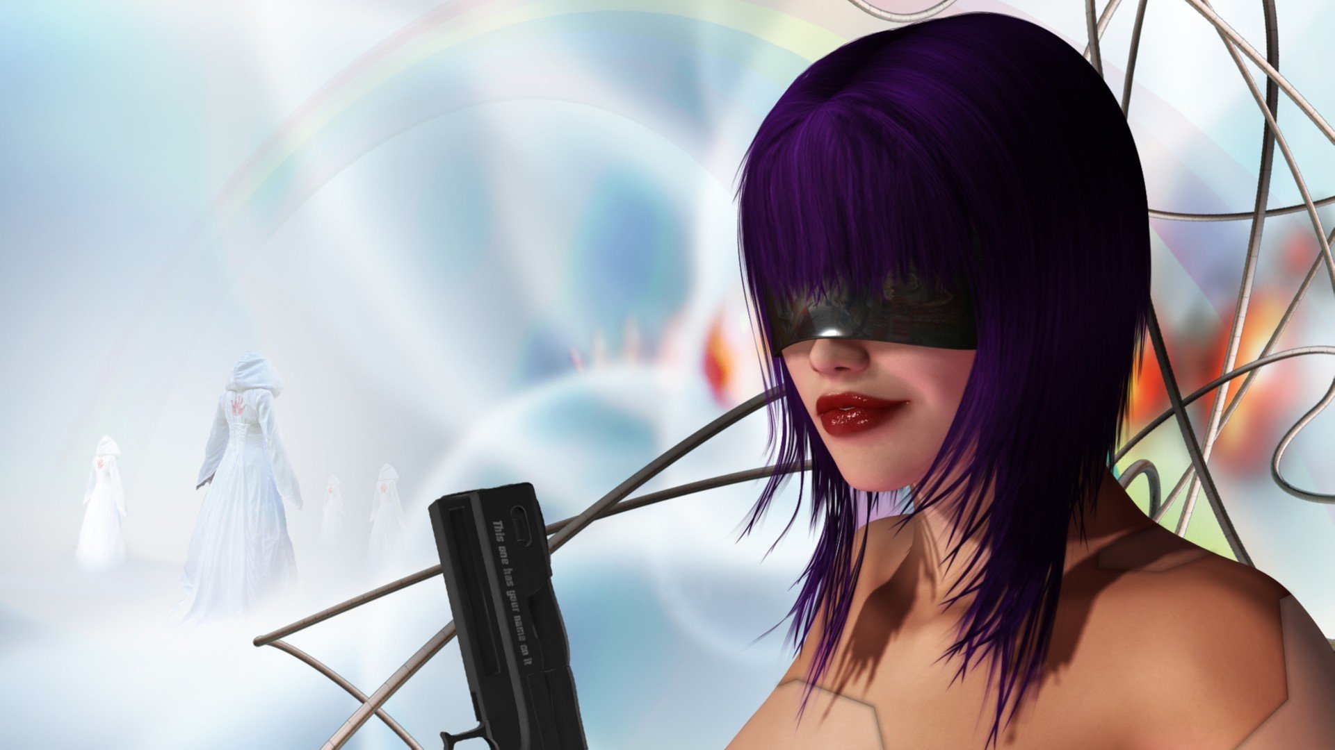 girl purple hair weapon gun wire sunglasses android