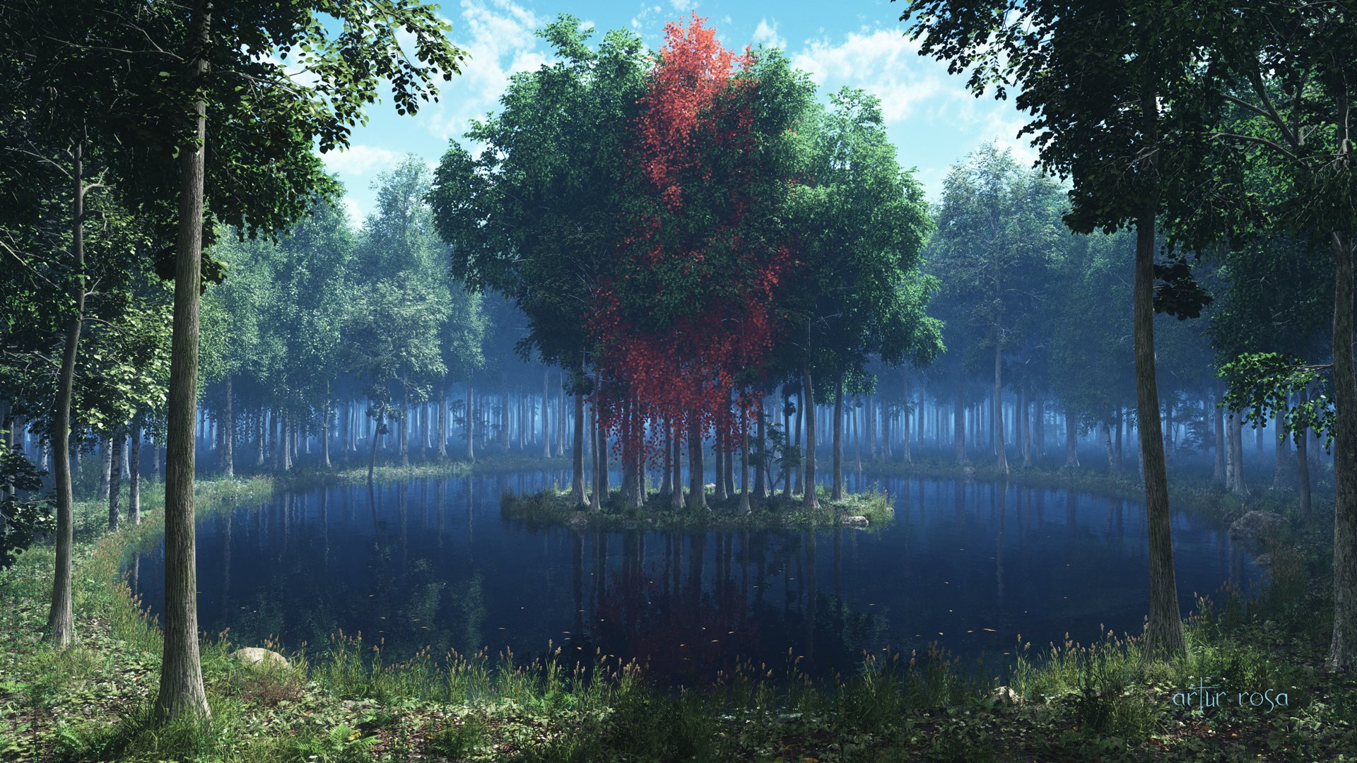 render lake the island tree forest leaves grass red