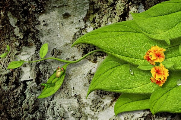 Blätter und Blumen auf einem Baumstamm Hintergrund