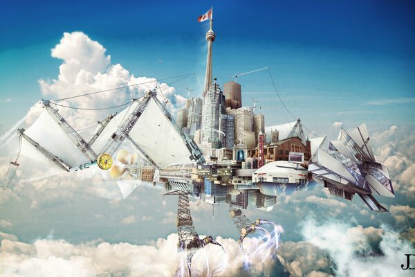 Fantastic art with a city in the sky and digital art