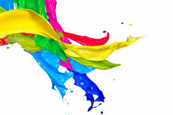 Multicolored splashes of paint on a white background