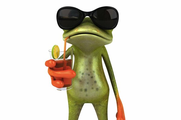 Ein Frosch mit Brille trinkt einen Cocktail