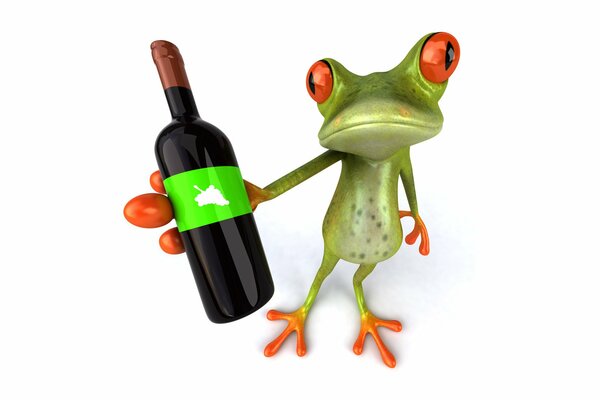 Trauriger Frosch mit einer Flasche Wein