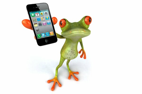 A green frog with a phone in his hand