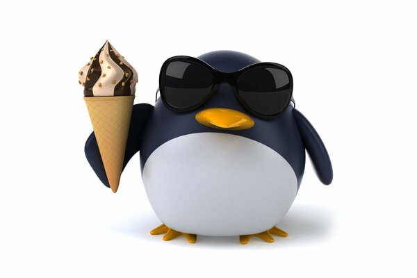 Pinguin mit schwarzer Brille hält Eis