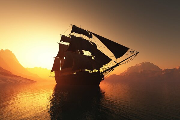 A ship with sails and a long mast at sunset