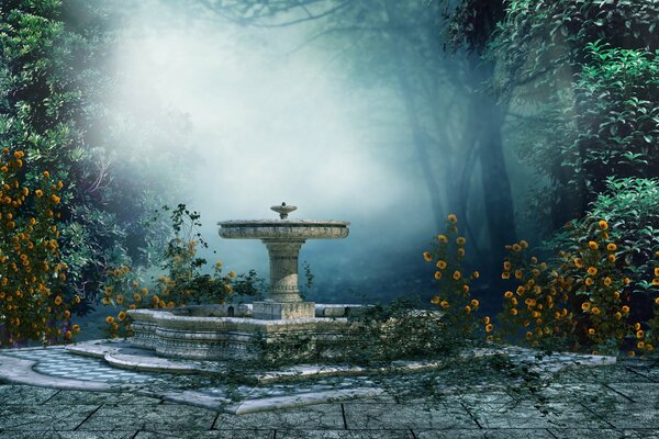 Stimmungsvoller Brunnen im nebeligen Park im Herbst