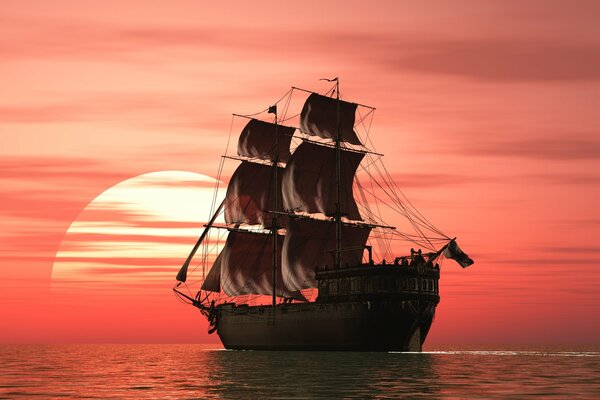 The ship goes into the sunset. Landscape in the ocean