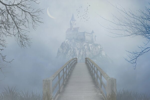 The bridge leading to the castle in the fog