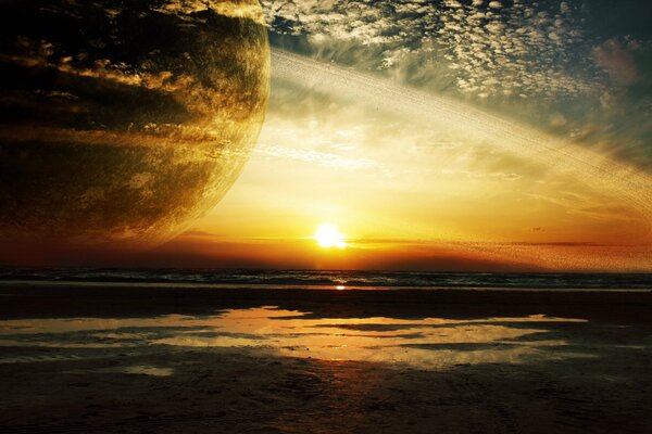 Giant planet at sunset over the sea